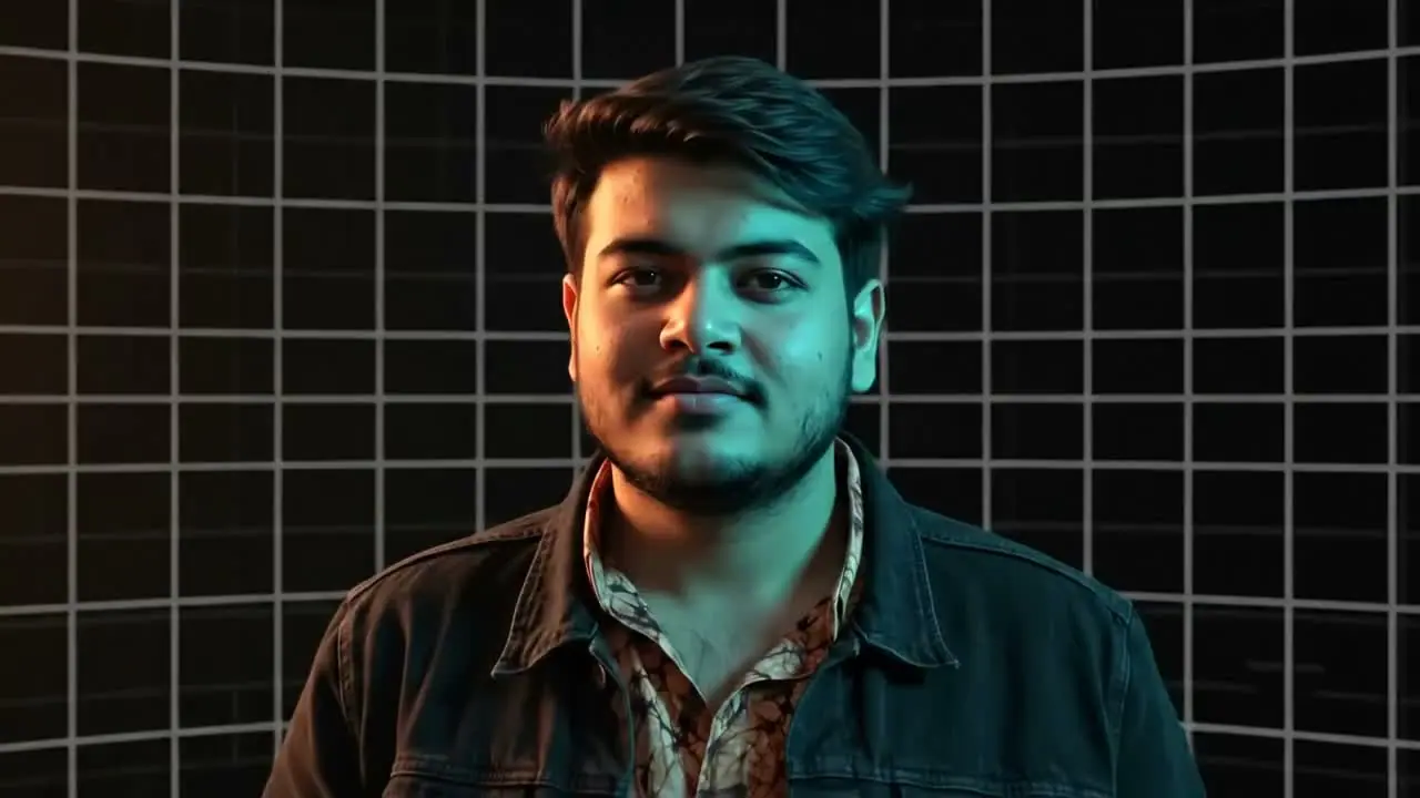 Praduan facing the camera, then turning away, in front of a dark gridded backdrop